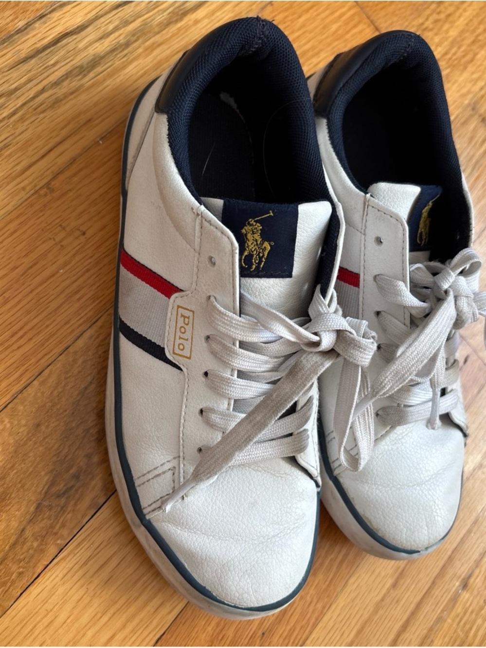 Polo by Ralph Lauren White Leather Sneakers with Navy & Red Stripes